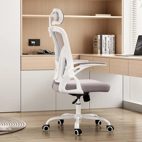 Miniatura 12 de Silla de oficina ergonómica con soporte lumbar ajustable y reposacabezas, silla de escritorio de malla de respaldo alto con reposabrazos abatibles