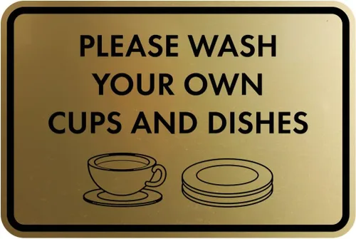 Letrero clásico enmarcado con texto en inglés «Please Wash Your Own Cups and Dishes» (oro cepillado), pequeño