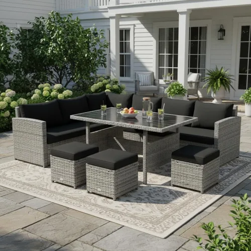 Miniatura 13 de Tangkula Juego de muebles de patio para 6, 7 piezas para todo tipo de clima, sofá seccional de mimbre de polietileno resistente con mesa de comedor