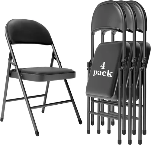 Paquete de 4 sillas plegables negras con cojín acolchado y respaldo para exteriores, sillas plegables comerciales apilables portátiles con marco de