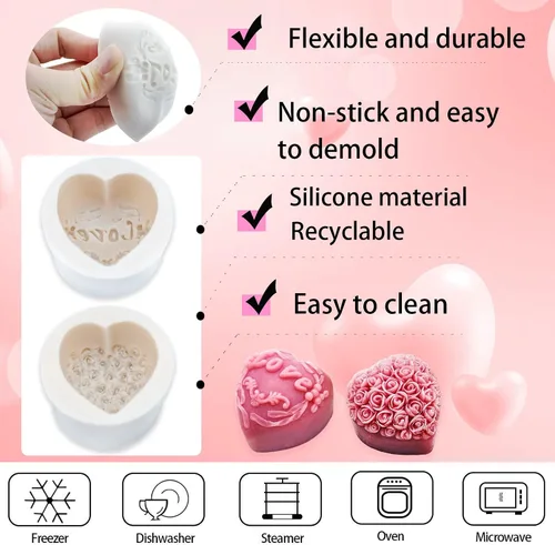 Miniatura 3 de 4 moldes de silicona para fondant para el día de San Valentín, en forma de corazón 3D con forma de corazón de flor de rosa de amor para Acción