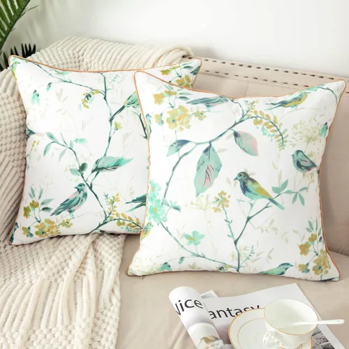 Miniatura 2 de VOGOL Juego de 2 fundas de almohada, 18 x 18 pulgadas, patrón de pájaros verdes, estampado de flores y pájaros verdes, fundas de cojín para cama