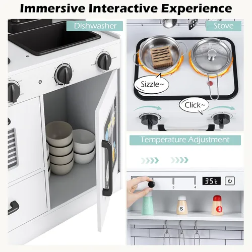 Miniatura 3 de INFANS Juego de cocina para niños, cocina de madera con sonido ligero realista, juguete de cocina para niños y niñas mayores de 3 años (blanco)