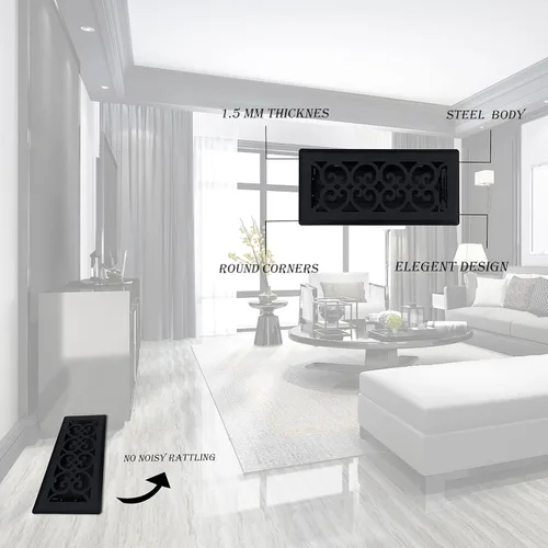 Miniatura 6 de Registro victoriano de piso de 4 x 14 pulgadas en acabado negro de hierro fundido, cubiertas de ventilación para piso de casa, cubiertas decorativas