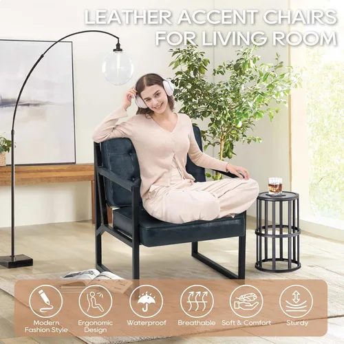 Miniatura 4 de COLAMY Silla decorativa moderna, sillón con brazo decorativo para sala de estar, cómodo sillón de cuero con patas de metal para dormitorio, Azul