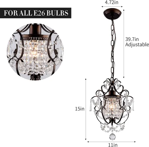 Miniatura 5 de Candelabro de Cristal Mini Moderno, Lámparas de Luz de Cristal de Hierro Bronce Montaje en Techo 1 Luz Candelabros Pequeños para Dormitorio