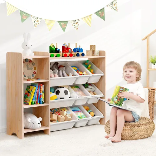 Miniatura 13 de MallBest Estante organizador de almacenamiento de juguetes para niños de 4 niveles, 100% madera maciza, armario de almacenamiento para niños con 9