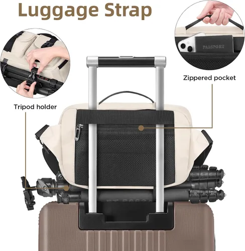 Miniatura 5 de Bolso bandolera para cámara TAAOKA, bolsa para cámara DSLR con soporte para trípode, bolsa de hombro impermeable para fotógrafos (Beige)