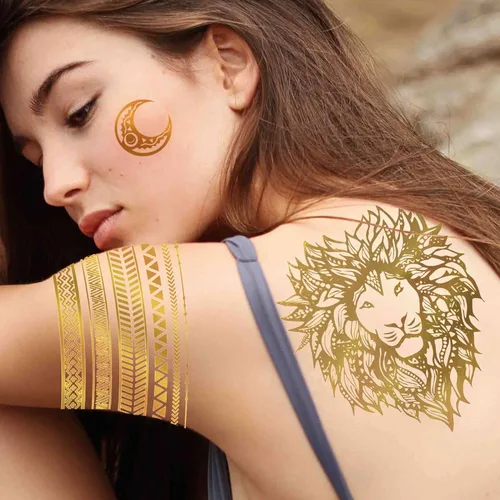 Miniatura 2 de Bilizar 9 hojas de más de 110 diseños de tatuajes temporales de oro flash metálico para mujeres adultas, niñas, león dorado de festival, sol, luna