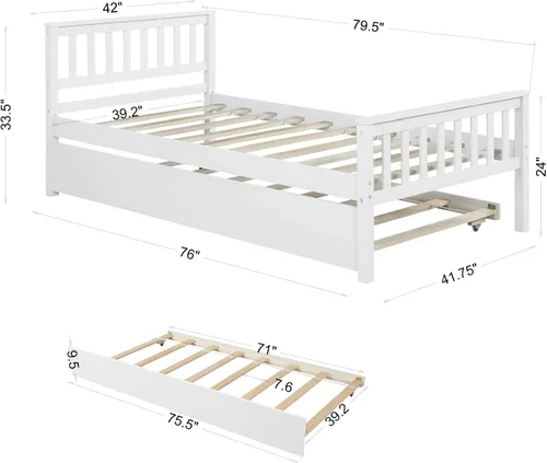 Miniatura 2 de Base de cama individual con nido, cama de plataforma individual con nido extraíble, marco de cama de plataforma doble de madera con cabecera y Blanco