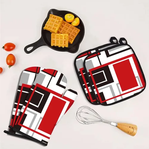 Miniatura 4 de MCALK Juego de 5 manoplas geométricas rojas para horno y soportes para ollas, guantes de horno negros y almohadillas calientes para cocina