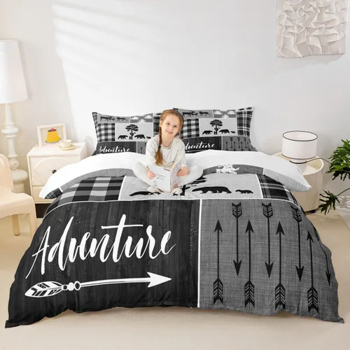 Miniatura 8 de Juego de funda de edredón para niños de ciervo, oso, lobo, tamaño individual, juego de ropa de cama de cabaña de aventura para niños, niñas