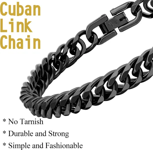 Miniatura 3 de Collar de pulsera Figaro de eslabones cubanos de 3 piezas, plata dorada y negra, resistente acero inoxidable 316L, cadena Figaro de eslabones