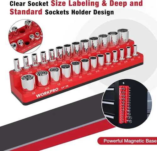 Miniatura 5 de WORKPRO Organizador magnético para llaves de vaso, portavasos SAE de 1/4 pulgadas, bandejas para llaves de vaso con capacidad para 26 piezas