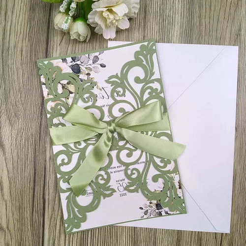 Miniatura 7 de 25 piezas de tarjetas de invitaciones de boda cortadas con láser con purpurina verde con sobres, hojas interiores en blanco, cintas