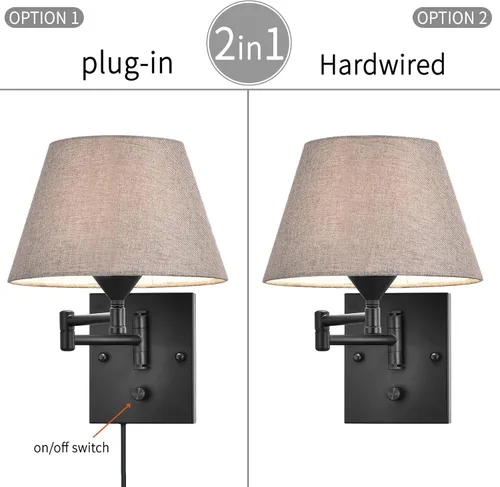 Miniatura 4 de Pauwer Juego de 2 apliques de pared enchufables con brazo oscilante con cable de enchufe y pantalla de tela gris, accesorios de pared para pasillo