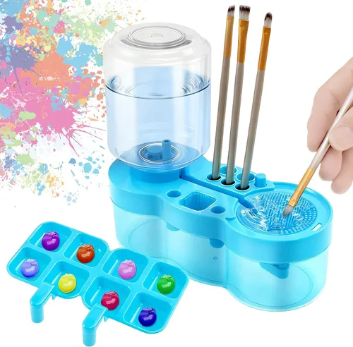 Limpiador de pinceles de pintura para niños, brocha de pintura de circulación de agua con drenaje dispensador de agua con soporte para pincel, Azul
