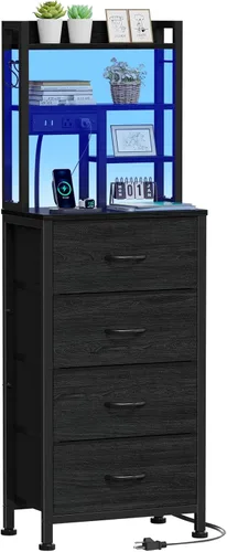 Miniatura 15 de Furnulem - Mesita alta con 3 cajones de tela y luces LED, mesita de noche con estantería, mesas de noche de 45.3 pulgadas de altura con puertos USB