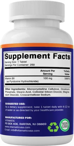Miniatura 8 de Vitamatic Vitamina B6 (piridoxina HCl) 100 mg – 250 tabletas vegetarianas promueve la producción de energía, aumenta el metabolismo y apoya la salud