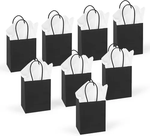 Miniatura 6 de DjinnGlory Paquete de 60 mini bolsas de papel negro para regalos de fiesta con asas a granel de 6.3 x 4.7 x 2.75 pulgadas para regalos de cumpleaños