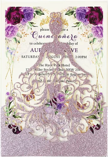 5.12 x 7.28 pulgadas, kit de 50 invitaciones de quinceañera con purpurina morada, cortadas con láser, huecas, de niña princesa, invitaciones de
