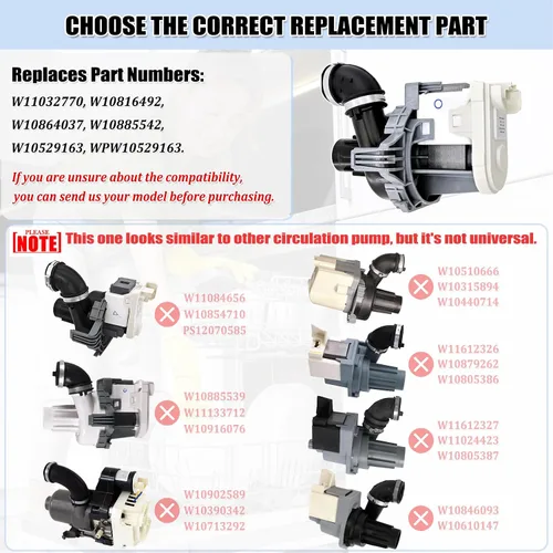 Miniatura 3 de Conjunto del motor de la bomba de circulación del lavavajillas W11032770, piezas de recambio WPW10529163 WPW10529163 W10885542 W10864037 W10816492
