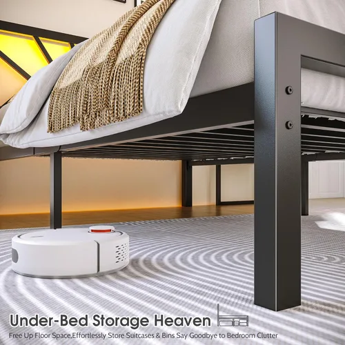 Miniatura 6 de Homkdom Estructuras de Cama Individual de Metal con Luces LED, Estructuras de Cama Individual con Cabecero, Base de Colchón de Servicio Pesado