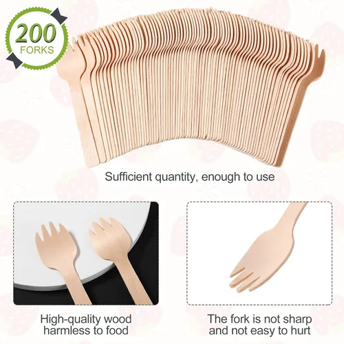 Miniatura 5 de Honoson 200 mini tenedores de madera desechables de 4 pulgadas a granel 2 en 1 tenedor cuchara utensilios pequeños aperitivos de madera cubiertos