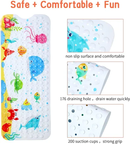 Miniatura 4 de Secopad Tapete de baño antideslizante para bañera, lavable a máquina, antideslizante, con dibujos animados, con agujeros de drenaje y ventosas