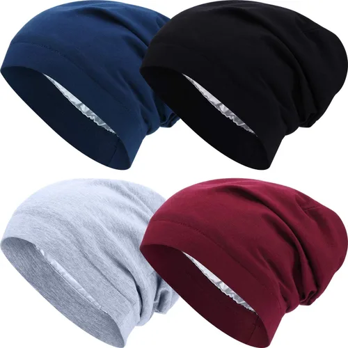 Miniatura 41 de 4 Pieces Satin Lined Beanie Cap Satin Sleep Lined Hat Slouchy Beanie Hat Night Silk Hair Cap for Women Men