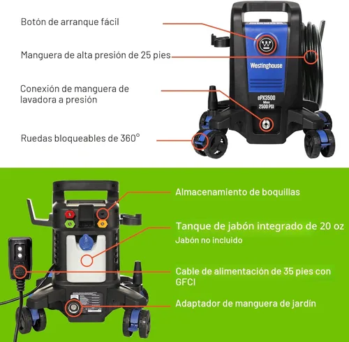 Miniatura 4 de Westinghouse ePX3500 - Lavadora a presión eléctrica, 2500 PSI máx. 1.76 GPM máximo con tecnología antivuelco, tanque de jabón a bordo, varita