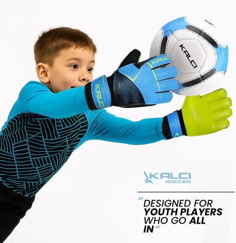 Miniatura 3 de Kalci Guantes de portero de fútbol para niños y jóvenes, guantes de portero para jugadores de campo para niños y niñas, en relieve, antideslizantes
