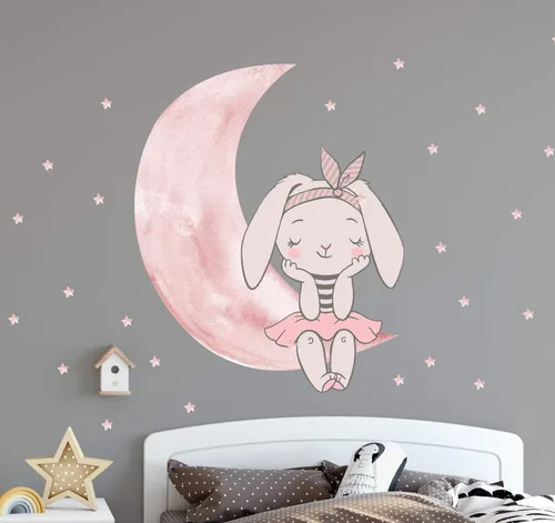 Miniatura 3 de Calcomanía de pared con diseño de conejo rosa, diseño de luna, estrellas pequeñas, para despegar y pegar, lindas calcomanías de conejito para niñas