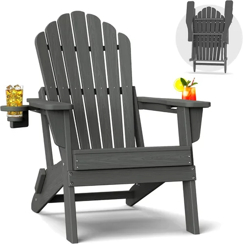 Miniatura 28 de Plawdlik Juego de 2 sillas plegables Adirondack de HDPE, sillas de patio al aire libre resistentes con soportes dobles para tazas, silla para Negro