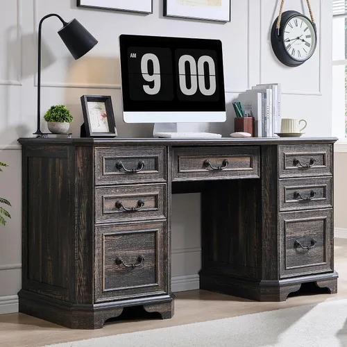 Miniatura 11 de T4TREAM - Escritorio ejecutivo de 59" estilo granja con estante superior, escritorio de madera para oficina en casa, con bandeja para teclado