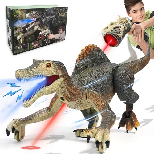 Juguetes de dinosaurio mejorados para niños de 3, 5 y 7 años, juguetes de Spinosaurus con control remoto con luz indicadora, persiguiendo, rociando