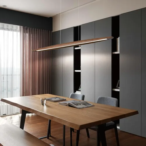 Miniatura 3 de YISDESIGN Lámpara colgante lineal de madera Lámpara colgante minimalista Lámpara lineal de madera Iluminación de isla de cocina de 40 W regulable