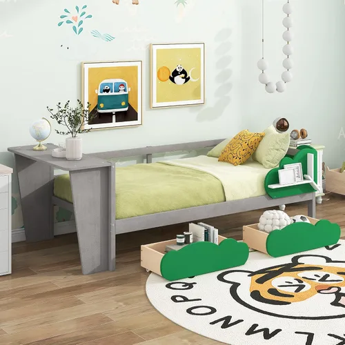 Miniatura 4 de Anwick Base de cama individual con escritorio y nido, sofá cama de madera con escritorio y estantes en forma de árbol verde, cama de plataforma