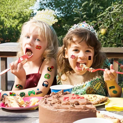 Miniatura 7 de 96 piezas de tatuajes temporales retro de píxeles para niños, decoración de fiesta de cumpleaños temática de videojuegos, suministros de decoración