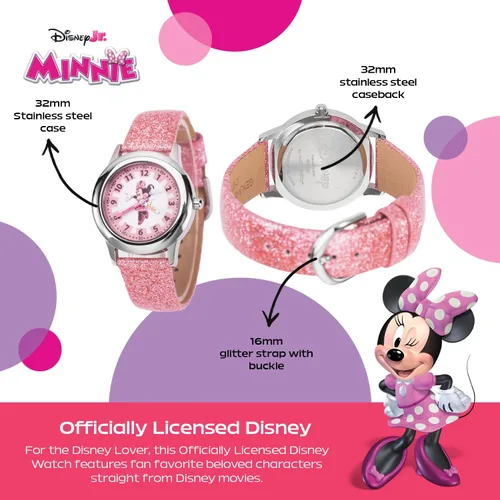 Miniatura 9 de Disney Minnie Mouse Watch for Girls – Cute Minnie Watch for Kids 3-5 with Stainless Steel Bezel & Pink Leather Strap – Adorable Mouse Watches