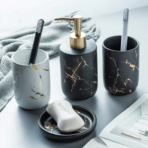 Miniatura 2 de Juego de accesorios de baño, 4 piezas/juego de accesorios de baño de cerámica de lujo, dispensador de jabón/loción, vaso de baño, jabonera