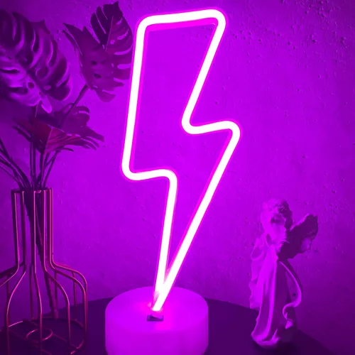 Miniatura 8 de Letrero de neón de rayo morado con base para dormitorio, lámpara de trueno USB/batería, luz nocturna, decoración en forma de LED para escritorio