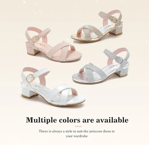 Miniatura 7 de Sandalias para niñas, tacones para niños, puntera abierta, correa al tobillo, zapatos de vestir, flores para boda, fiesta para niños pequeños