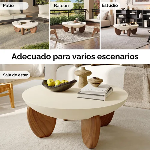 Miniatura 8 de homary - Mesa de café redonda de hormigón con patas premium de madera de nogal y fresno, mesa central de acabado de cemento moderno minimalista