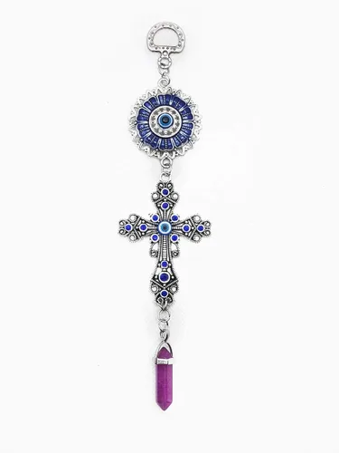 LUCKBOOSTIUM Amuleto de cruz con incrustaciones de cristal azul y mandala azul de ojo malvado con piedra curativa colgante, dijes de naturaleza,