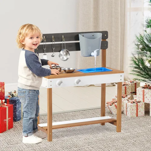Miniatura 2 de Cocina de madera para niños, cocina de barro al aire libre con juego de agua y juguetes de cocina, juego en el patio trasero para niños de más de 3