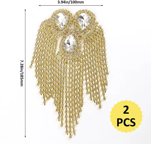 Miniatura 2 de 2 piezas de charreteras de hombro con flecos de cristal, diseño de gota de agua dorada, apliques de diamantes de imitación para ropa de mujer