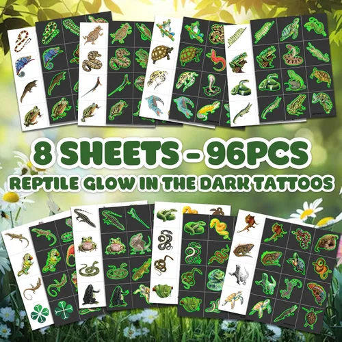 Miniatura 3 de 96 piezas de tatuajes temporales luminosos de reptiles que brillan precortados, decoraciones de fiesta de cumpleaños, suministros de regalo