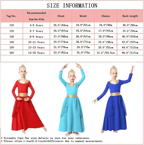 Miniatura 7 de REXREII - Traje de baile con cintura metálica de manga larga litúrgica para niñas