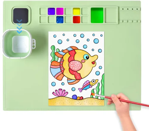 AWOKE Tapete de pintura de silicona para protección de mesa, tapete de arte lavable de 20 x 16 pulgadas con 1 taza de agua para niños, tapete de